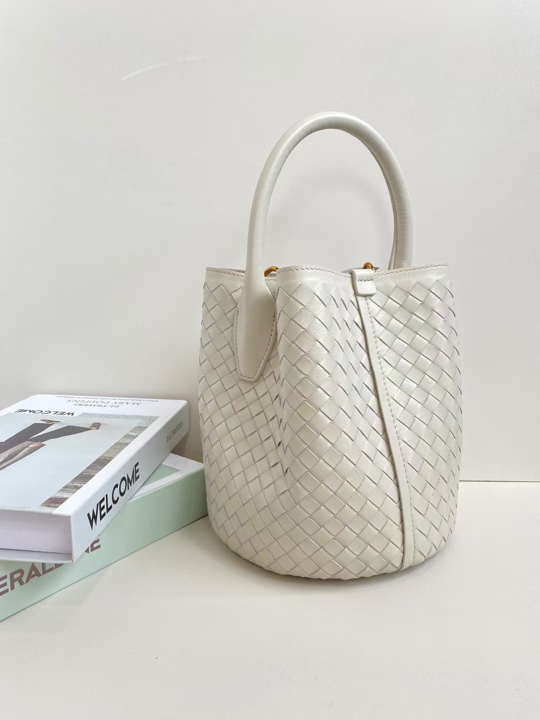 Woven Leather Bucket Bag – Elegant Ivory