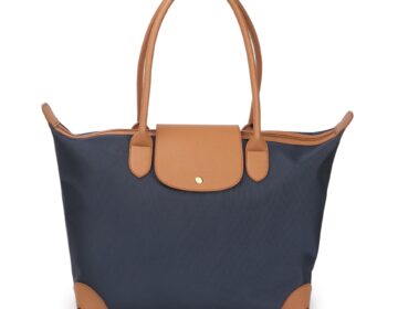 Classic Navy Tote Bag with Tan Leather Trim