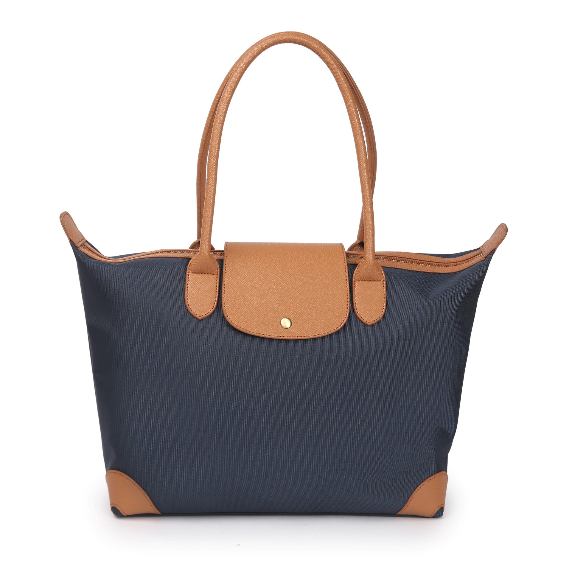 Classic Navy Tote Bag with Tan Leather Trim